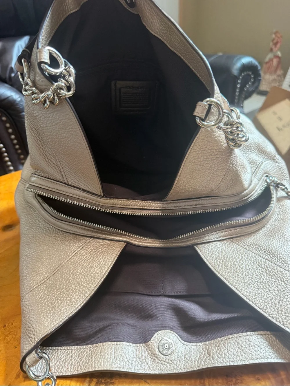 Coach F32150 Lexy Triple Compartment Shoulder Bag Metallic Platinum Pebbled Lthr
